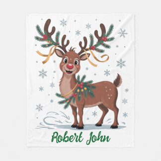 Cute Rudolph with Gold Accents フリースブランケット