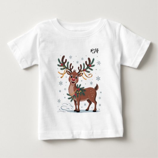 Cute Rudolph with Gold Accents Initials ベビーTシャツ (正面)