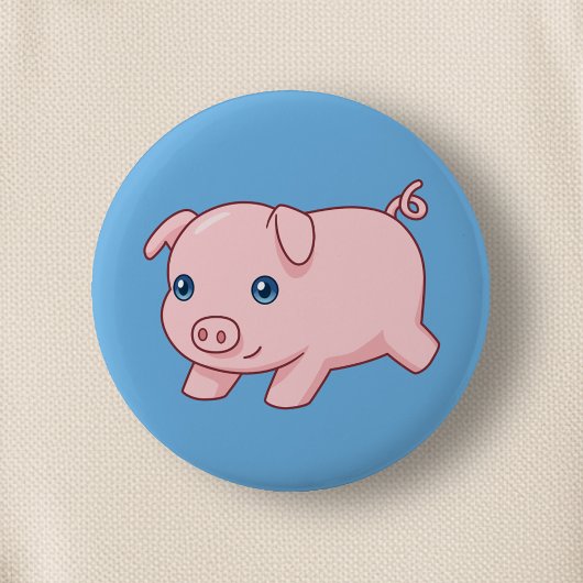 Cute Running Piglet Pig on Blue 缶バッジ
