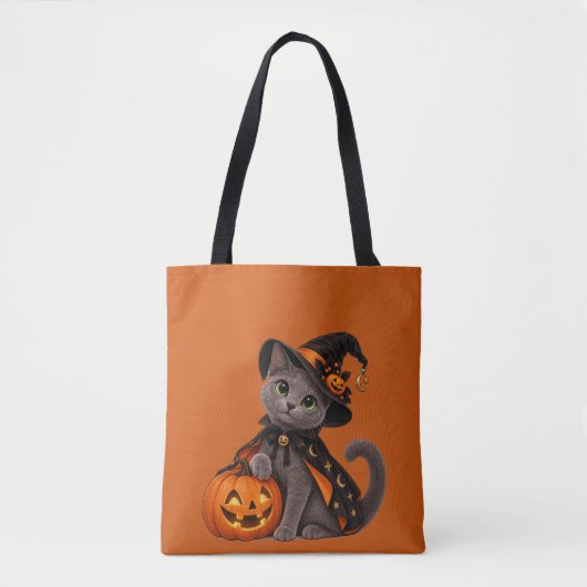 Cute Russian Blue Cat Witch Halloween トートバッグ (正面)
