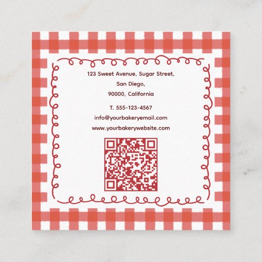 Cute Rustic Farmhouse Gingham Bakery スクエア名刺 (裏面)
