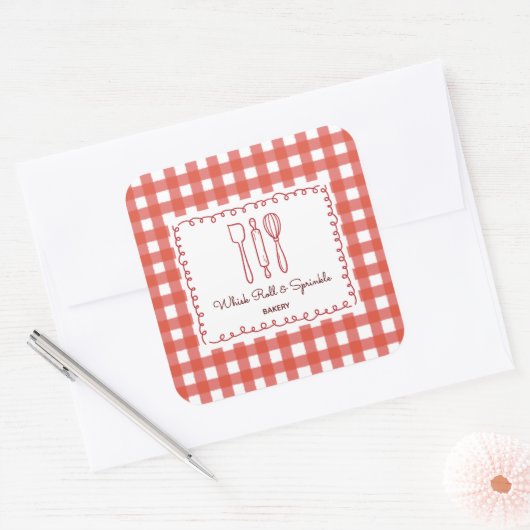 Cute Rustic Farmhouse Gingham Bakery Labels スクエアシール (封筒)