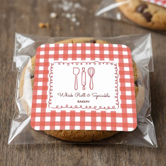 Cute Rustic Farmhouse Gingham Bakery Labels スクエアシール