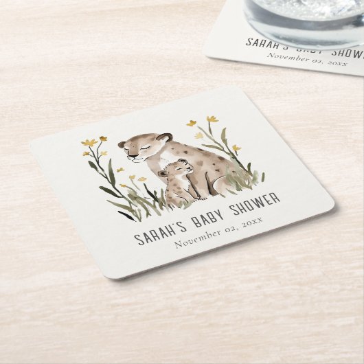 Cute Rustic Mum and Baby Tiger Foliage Baby Shower スクエアペーパーコースター (アングル)