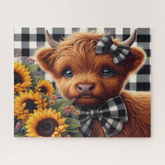 Cute Rustic Sunflower Highland Cow ジグソーパズル (横)