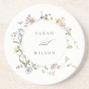 Cute Rustic Yellow Meadow Floral Wreath Wedding コースター