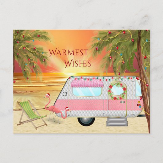 Cute RV Camper Warmest Wishes Beach Christmas シーズンポストカード (正面)
