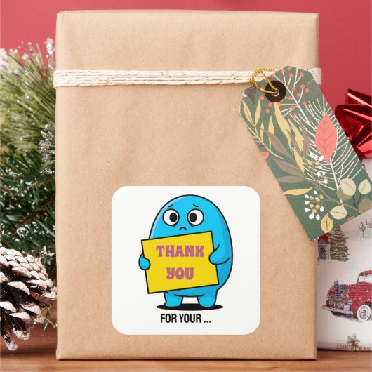 Cute Sad Blue Character Thank You  スクエアシール (クリスマス)