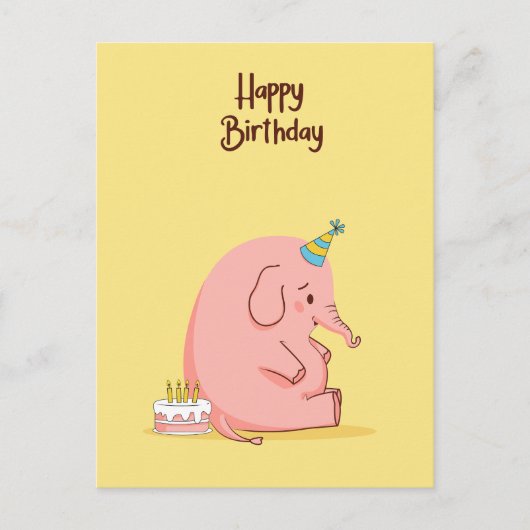 Cute Sad Elephant Birthday Card – Whimsical Pastel ポストカード (正面)