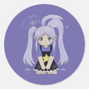 Cute Sad Girl 手描きイラスト – 大丈夫です ラウンドシール