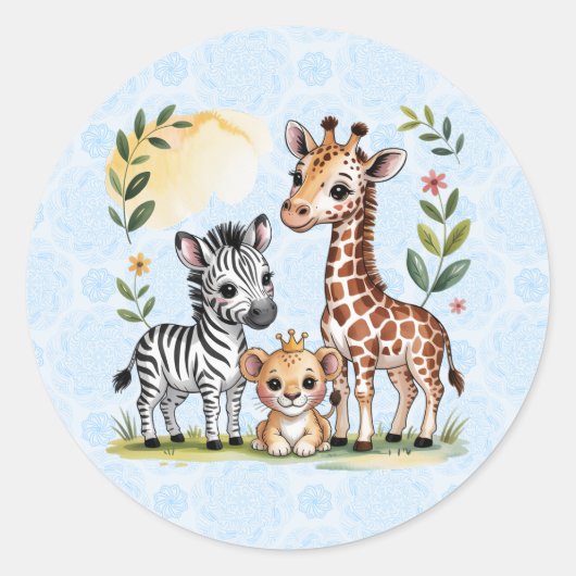 Cute Safari Animal Trio Boy Baby Shower ラウンドシール (正面)