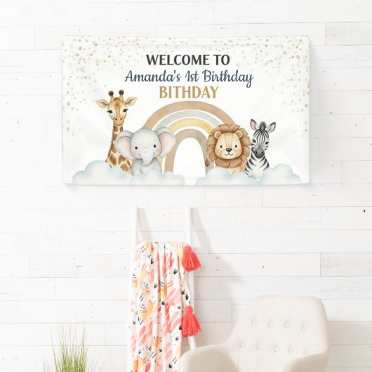 Cute Safari Animals 1st Birthday Banner 横断幕 (インサイチュ)
