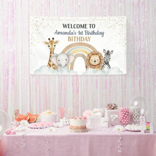 Cute Safari Animals 1st Birthday Banner 横断幕 (パーティー)