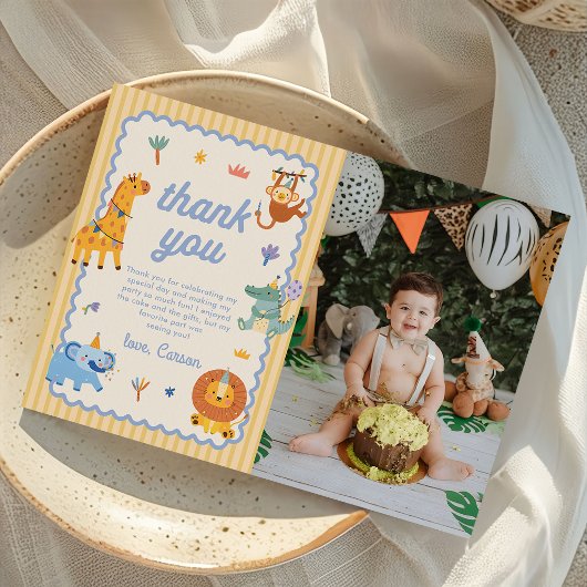 Cute Safari Animals 1st Birthday Photo サンキューカード