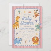 Cute Safari Animals Girl Baby Shower 招待状 (正面)