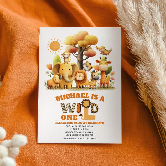 Cute Safari Animals Jungle WILD ONE 1st Birthday  招待状