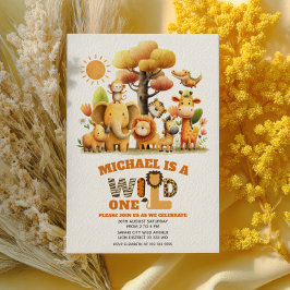 Cute Safari Animals Jungle WILD ONE 1st Birthday  招待状