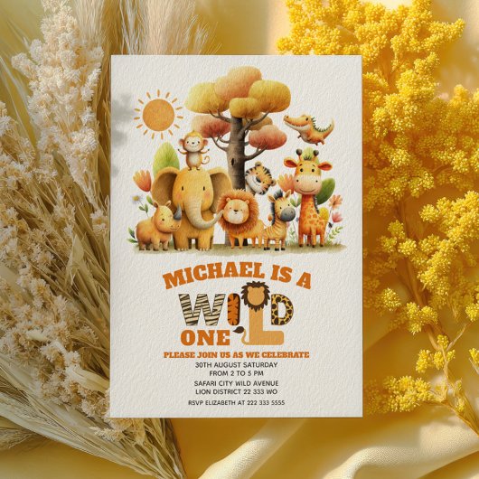 Cute Safari Animals Jungle WILD ONE 1st Birthday  招待状