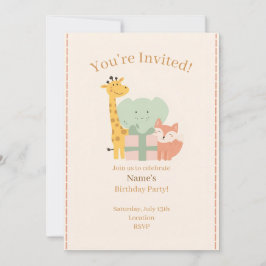 Cute Safari Animals Kids Birthday Invitation Card 招待状