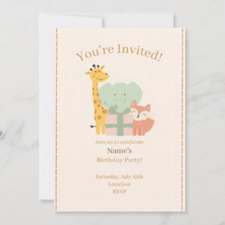 Cute Safari Animals Kids Birthday Invitation Card 招待状