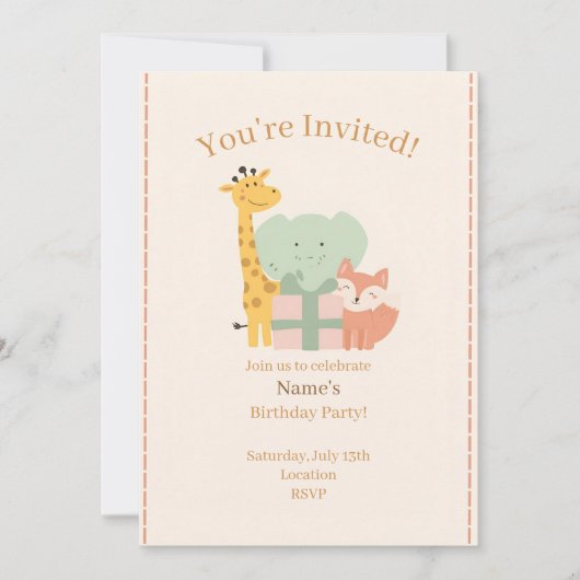 Cute Safari Animals Kids Birthday Invitation Card 招待状 (正面)