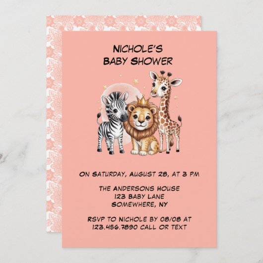 Cute Safari Animals Pink Florals Girl Baby Shower 招待状 (正面/裏面)