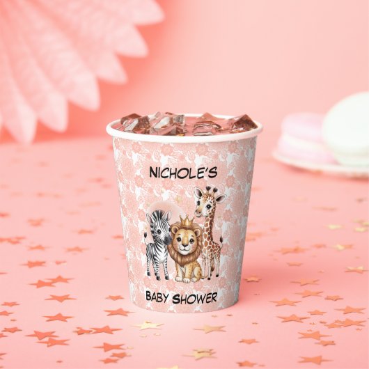 Cute Safari Animals Pink Florals Girl Baby Shower 紙コップ (インサイチュ)