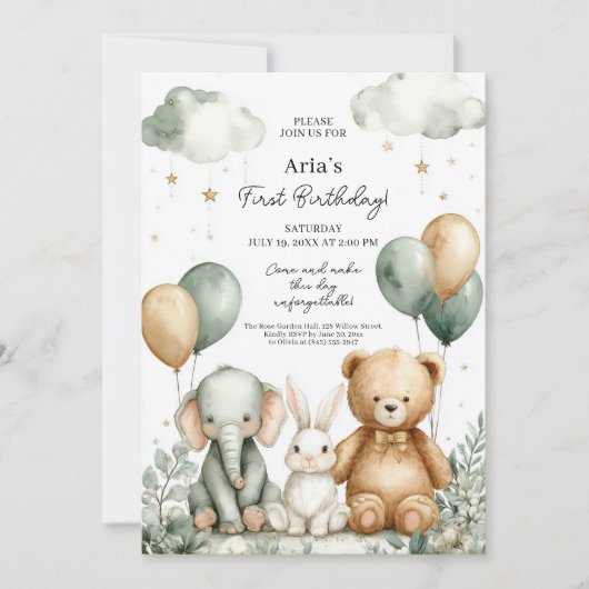 Cute Safari Baby First Birthday 招待状 (正面)