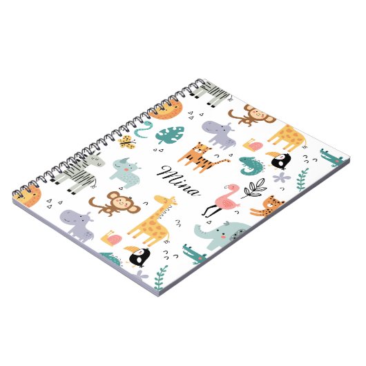 Cute Safari Jungle Animals Personalized Baby Name ノートブック (左側)