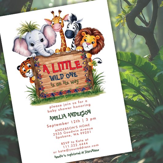 Cute Safari Jungle Animals Wild One Baby Shower 招待状