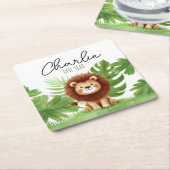 Cute Safari Lion Birthday スクエアペーパーコースター (アングル)