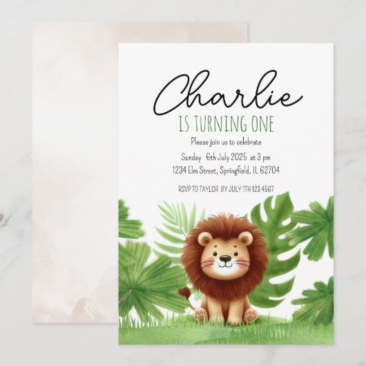 Cute Safari Lion Birthday 招待状 (正面/裏面)