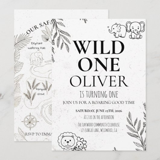 Cute Safari Wild One 1st Birthday Map Party 招待状 (正面/裏面)