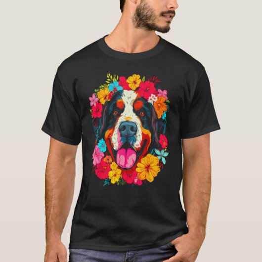 Cute Saint Bernard Dog Flower Tシャツ (正面)
