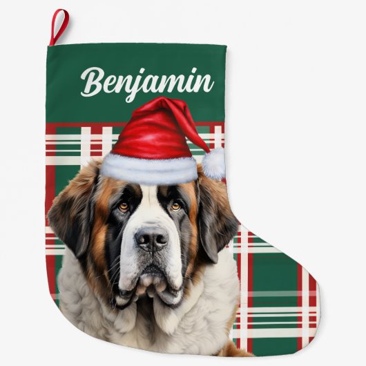 Cute Saint Bernard Dog Plaid Custom ラージクリスマスストッキング (正面)