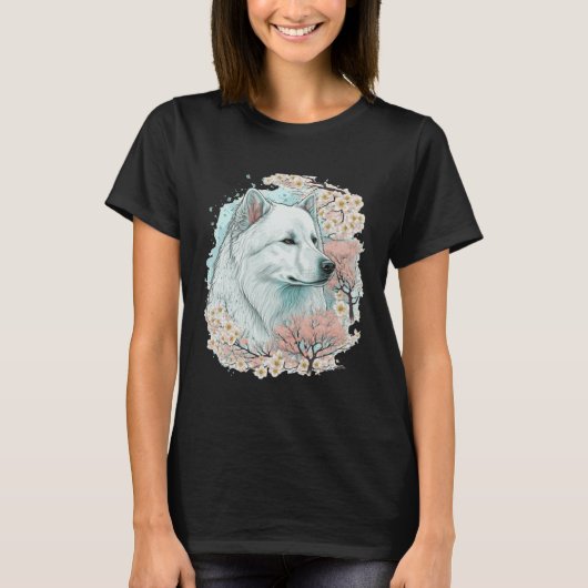 Cute Samoyed Cherry Blossom Dog Breed Japanese Sak Tシャツ (正面)