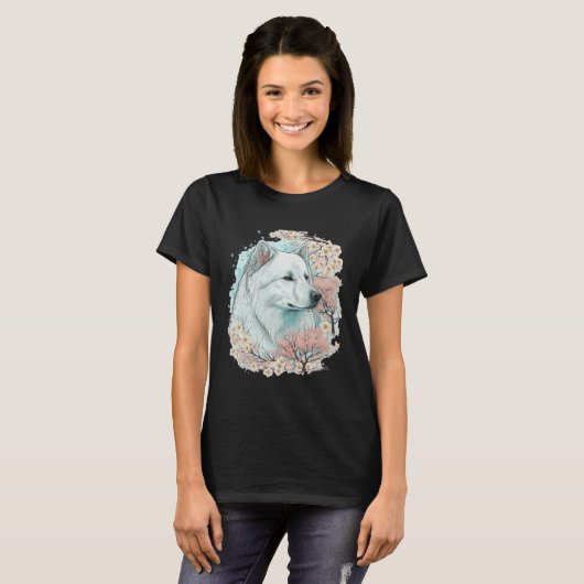 Cute Samoyed Cherry Blossom Dog Breed Japanese Sak Tシャツ (正面フル)