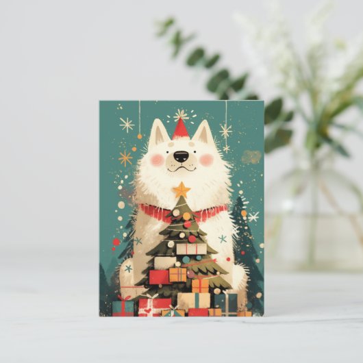 Cute Samoyed dog with Christmas シーズンポストカード (スタンド正面)