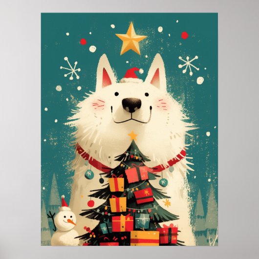 Cute Samoyed dog with Christmas ポスター (正面)