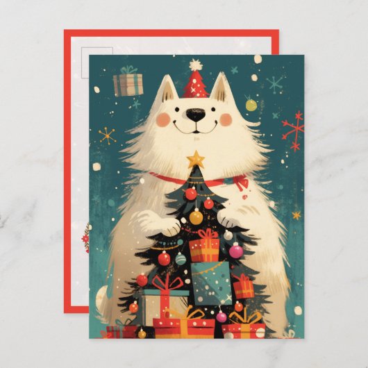 Cute Samoyed dog with Christmas ポストカード (正面/裏面)