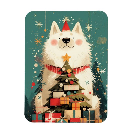 Cute Samoyed dog with Christmas Holiday マグネット (縦)