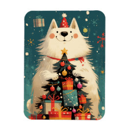Cute Samoyed dog with Christmas holiday マグネット