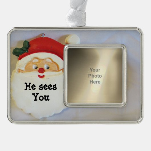 Cute Santaが写真をパーソナライズされた見る シルバープレートフレームオーナメント (正面)