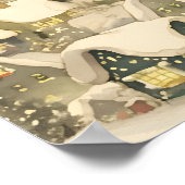 Cute Santa and Reindeer Flying Over Snowy Village ポスター (角)