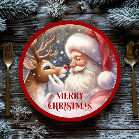 Cute Santa and Rudolph Cartoon Christmas Paper  ペーパープレート