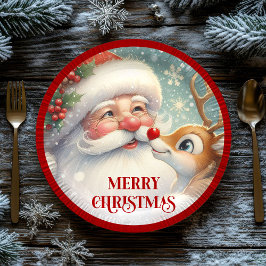 Cute Santa and Rudolph Cartoon Christmas Plates ペーパープレート