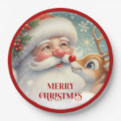 Cute Santa and Rudolph Cartoon Christmas Plates ペーパープレート (正面)
