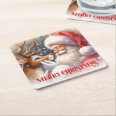 Cute Santa and Rudolph Christmas Paper Coasters スクエアペーパーコースター (アングル)