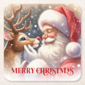 Cute Santa and Rudolph Christmas Paper Coasters スクエアペーパーコースター (正面)