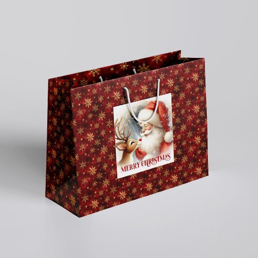 Cute Santa and Rudolph Cozy Christmas Gift Bag ラージペーパーバッグ